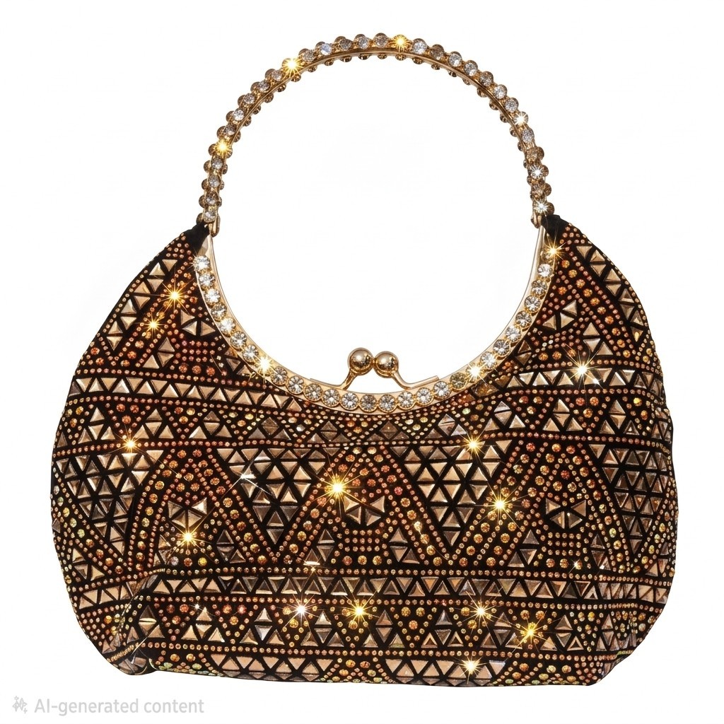Evening Rhinestone Handbag W/Chain Incl Gold Handle Gold&Pink Hues Kiss Lock NEW