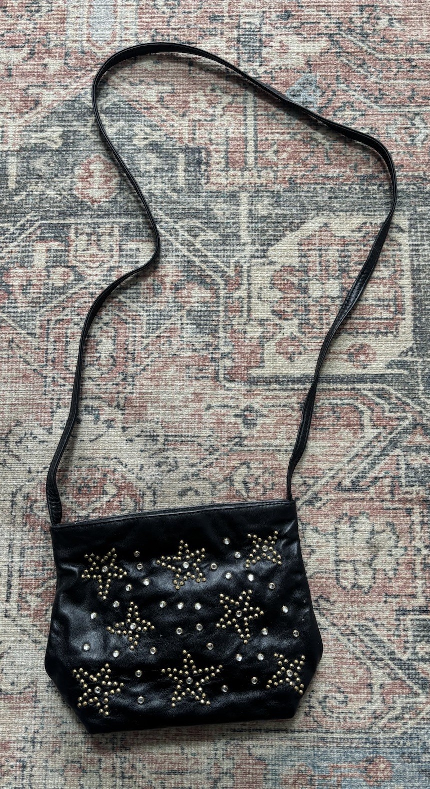 DAWLI Genuine Leather Made USA Vintage Crossbody Purse Black & Gold Stars!