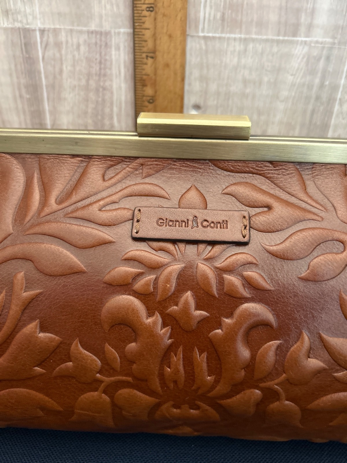 NEW Gianni Conti Embossd/Tool Framed Bourbon Brown Leather Purse/Crossbody~Italy