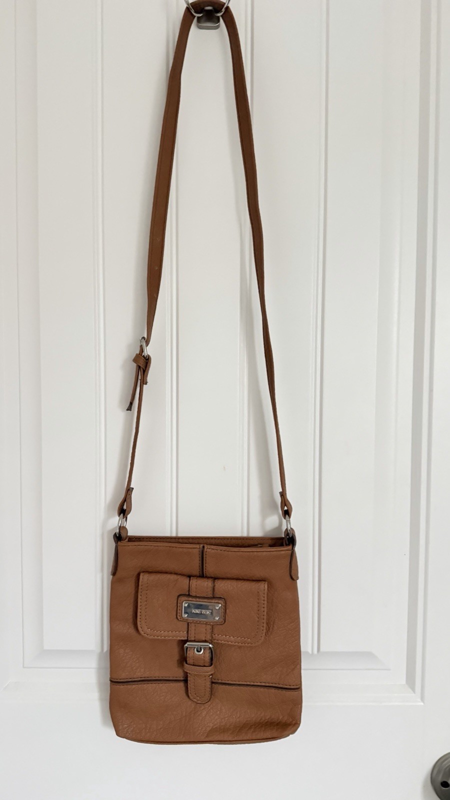 Nine West Brown Pebbled Crossbody Bag Zip Closure Silver Hardware