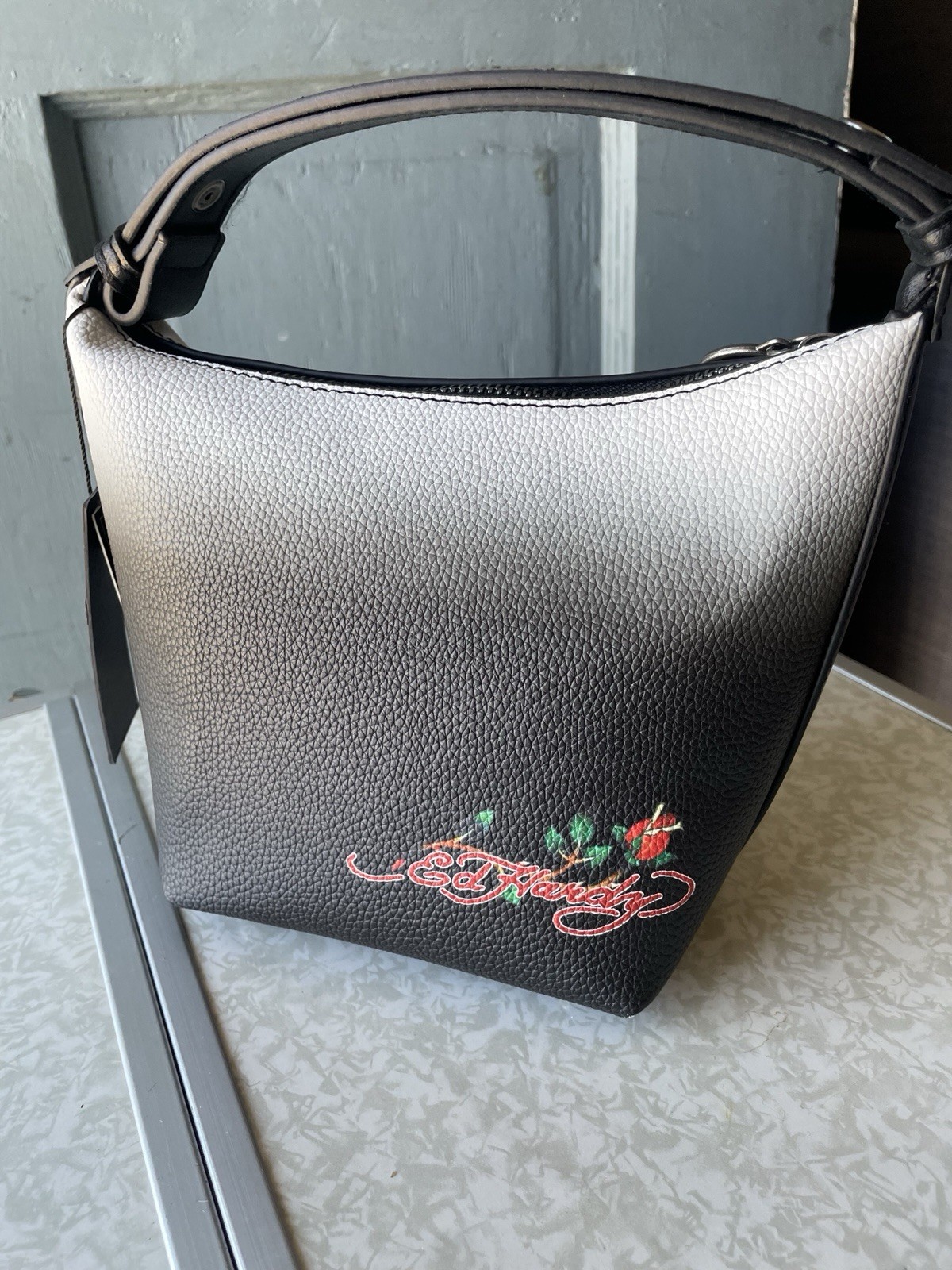 Ed Hardy Black Skull & Roses Rhinestone Embroidered Shoulder Bag Zip, Strap