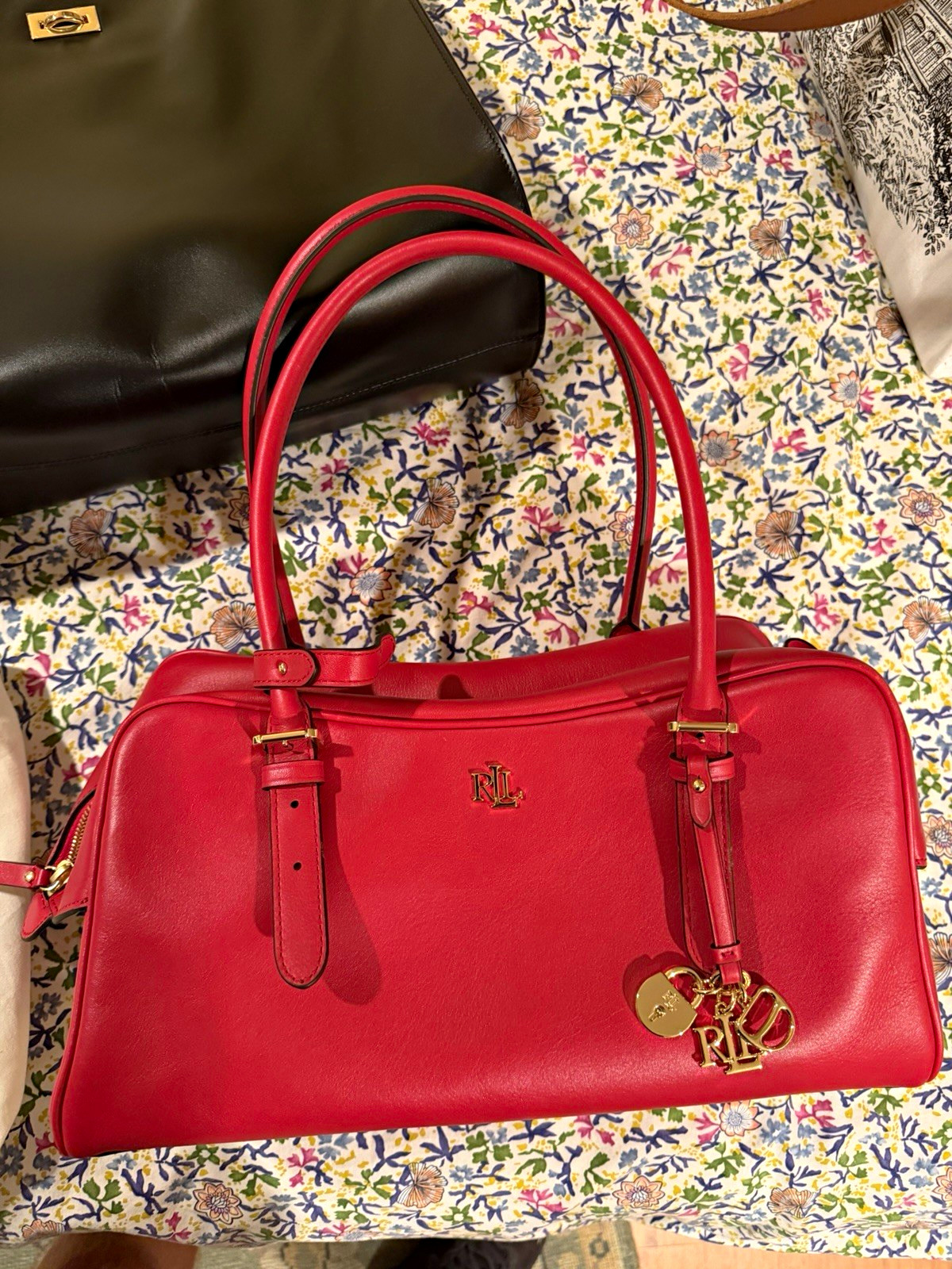 Lauren Ralph Lauren Red Satchel Top Handle Zip Gold Hardware Charm Bag