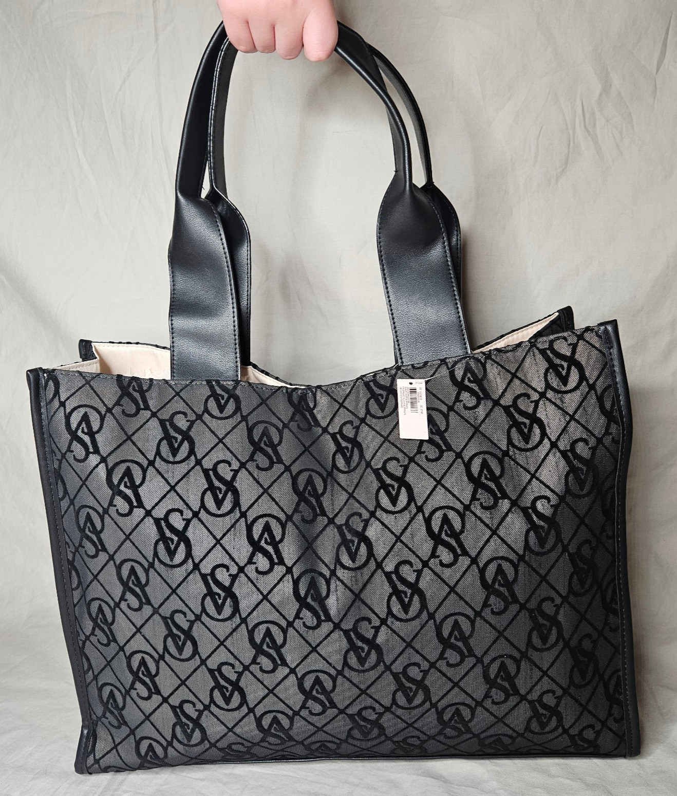 Victorias Secret Tote Bag Shoulder Handbag Black Mesh Logo Monogram Print NEW