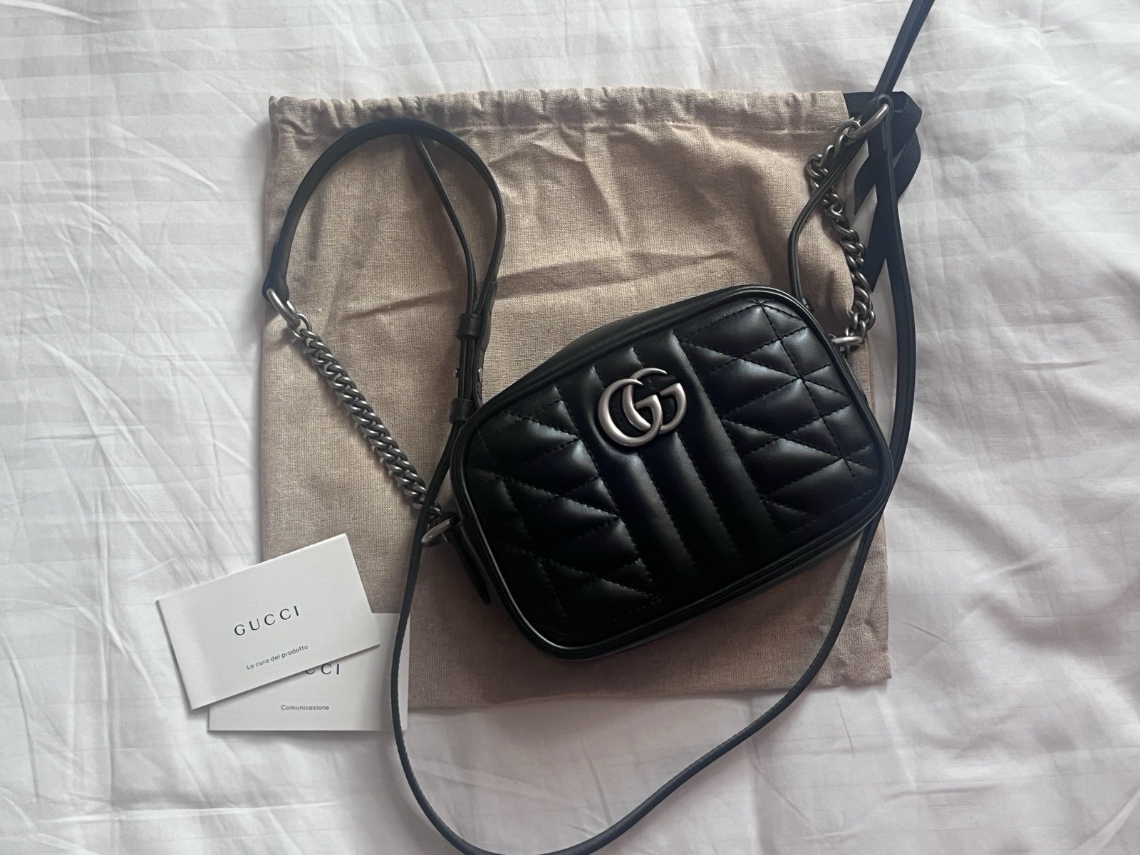 NEW GUCCI Calfskin Matelasse Aria Mini GG Marmont Chain Shoulder Bag
