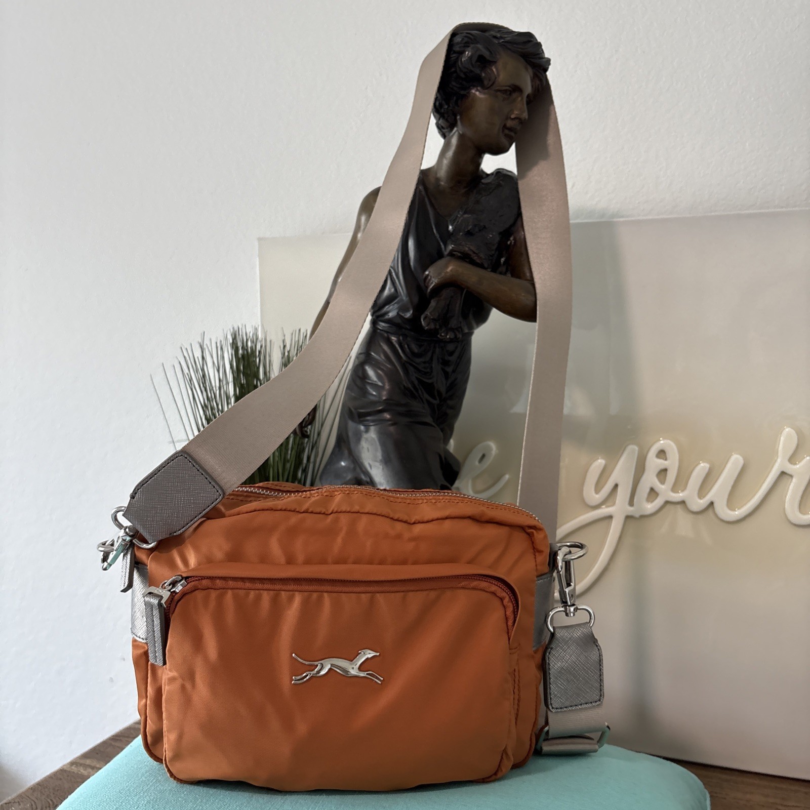 Bimba & Lola Crossbody Nylon Adjustable Strap Bag Burnt Orange And Silver