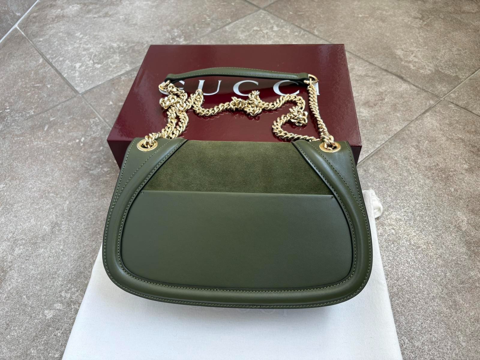 Gucci Blondie Medium Bag Green Leather Chain Strap Gold / Green GG Authentic