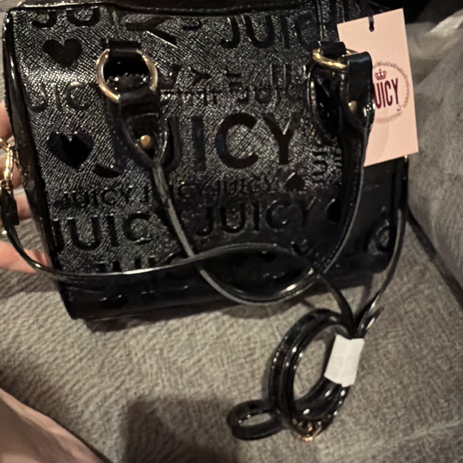 Juicy Couture Black Small Satchel Top Handle Zip Detachable Strap Gold