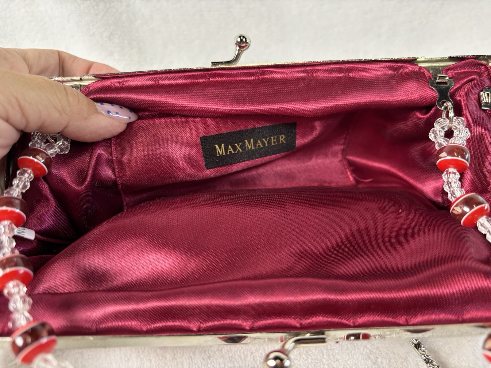 Vtge Max Mayer Beaded Embroidered Floral Clutch Red Satin 3-Way Convertible Bag