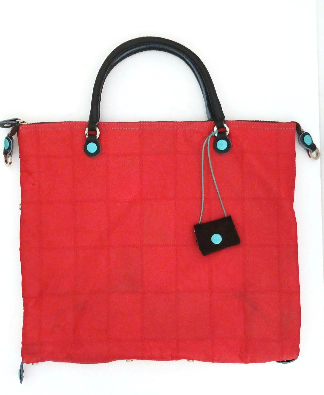 GABS Red Calf Leather Convertible Tote Bag / Boston Bag Italy Aqua Lining Snaps