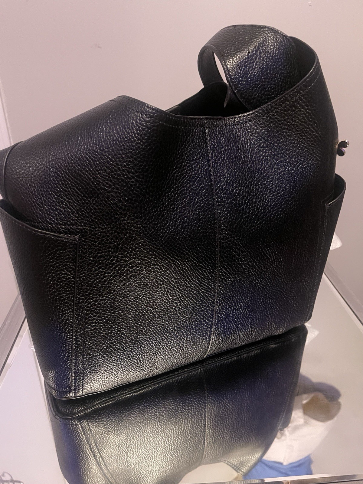 John Romainie Solid Black Pebbled Medium Shoulder Bag Gold Hardware Detach Strap