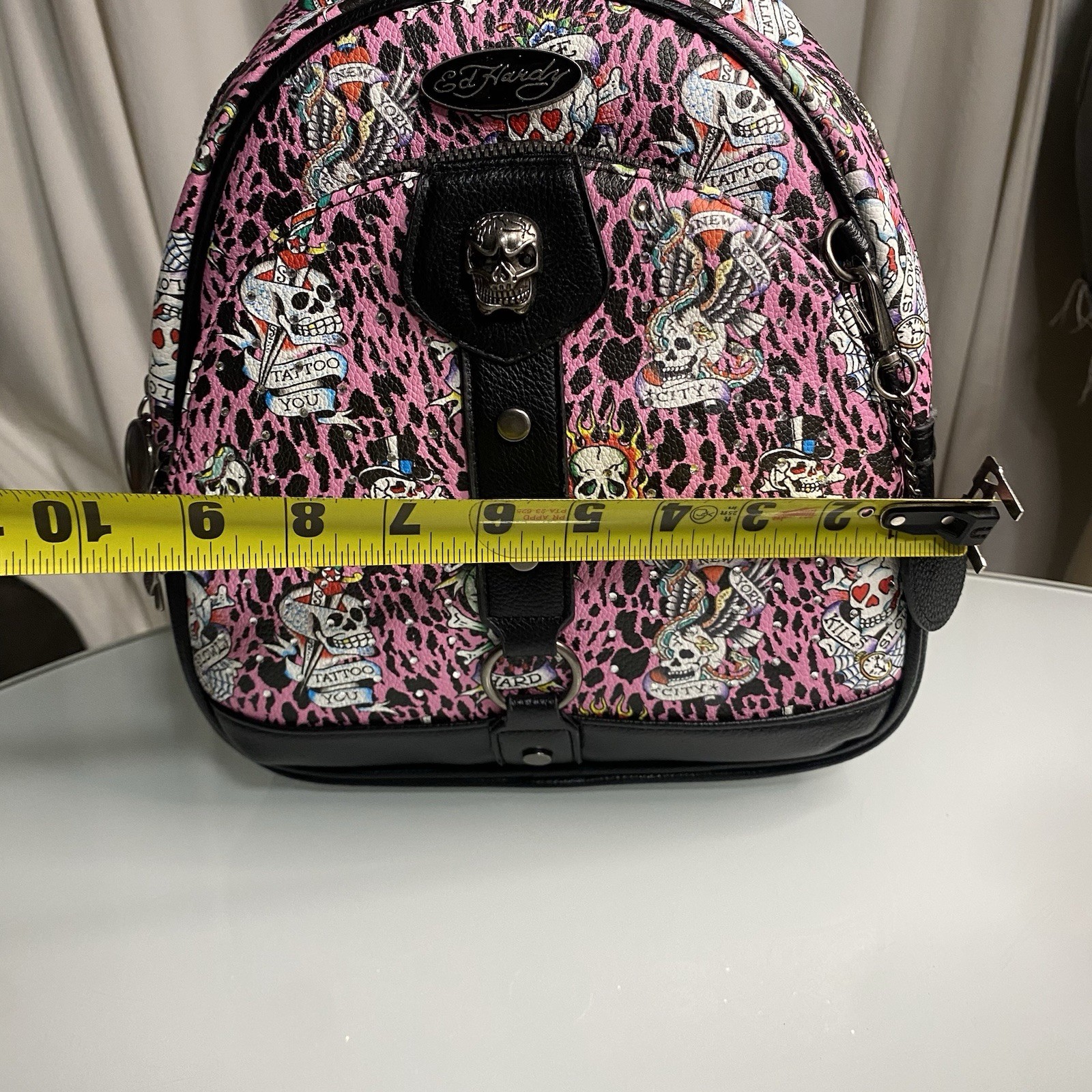 Ed Hardy Pink/Black Leopard Tattoo Skull Small Mini Backpack Purse, Zip