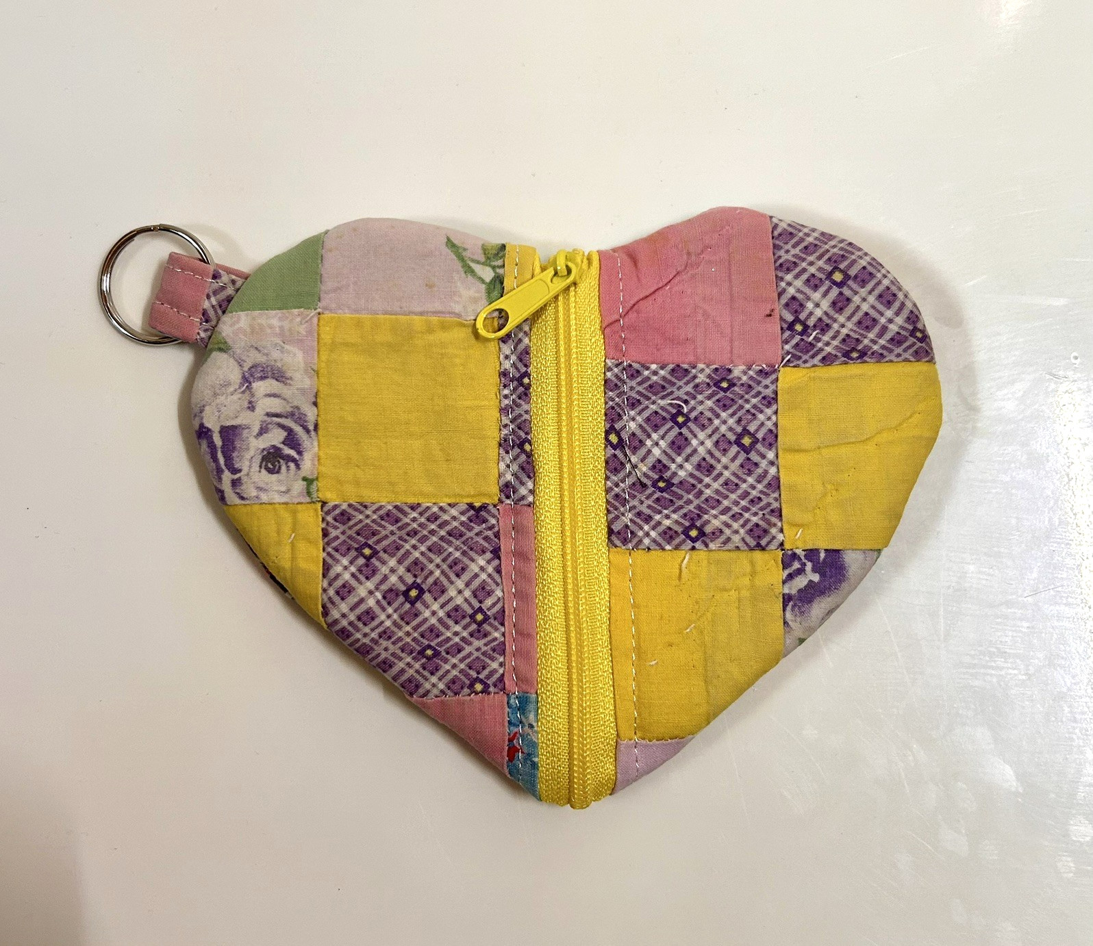 Handmade Hand Stitched Quilted Heart Zipper Pouch Key Chain Purse Charm