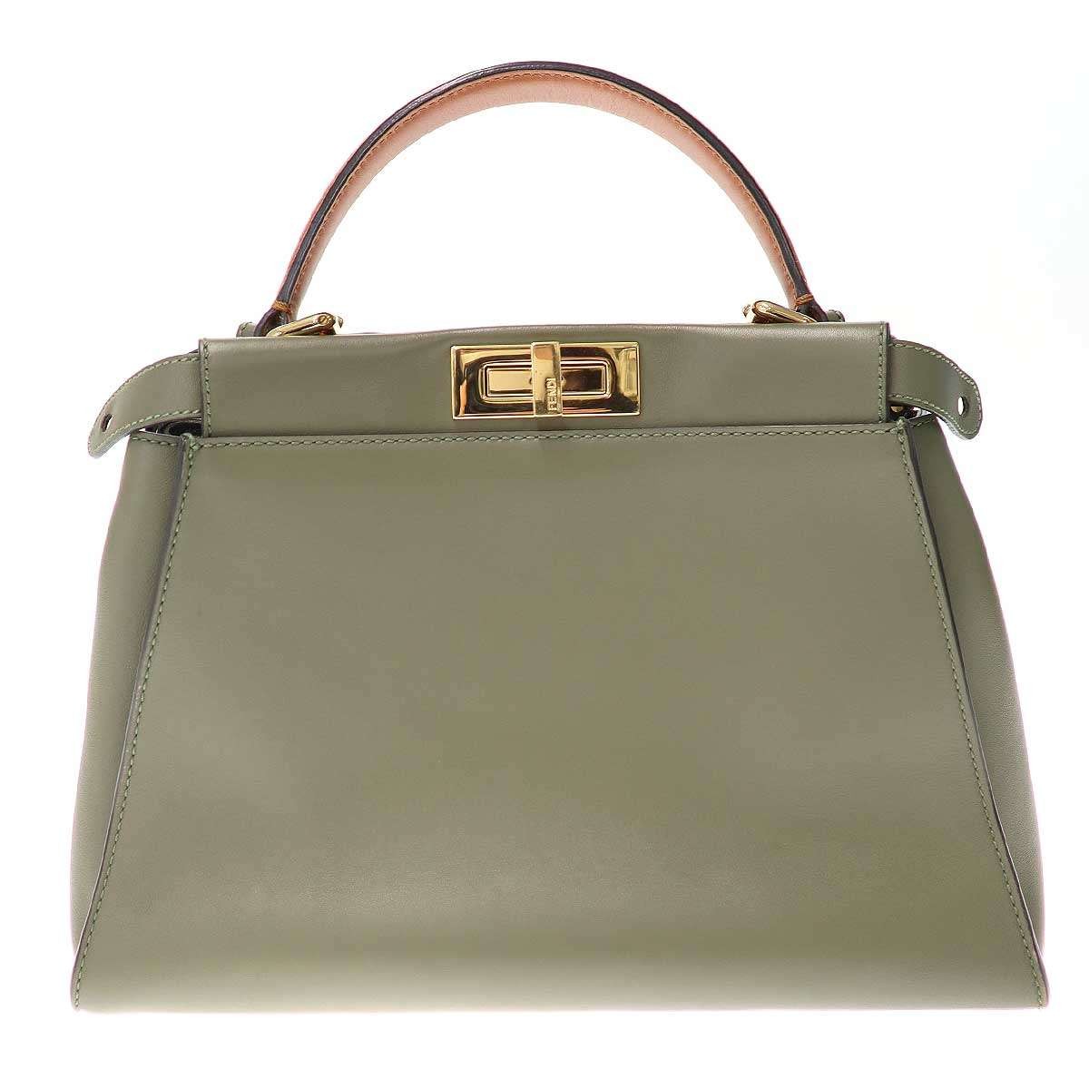 FENDI Peekaboo Bag Medium 2Way Leather Shoulder Bag Khaki
