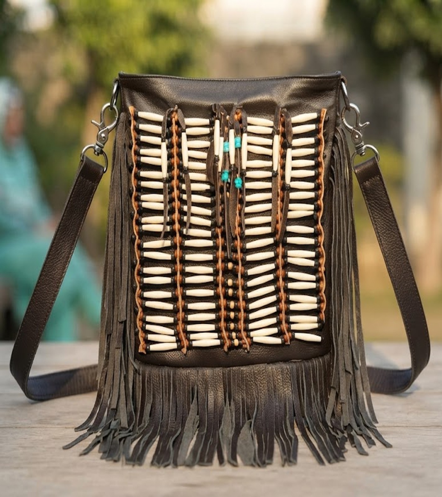 Handmade Leather Fringe Crossbody Bag with Native American Inspired Bone Beaded