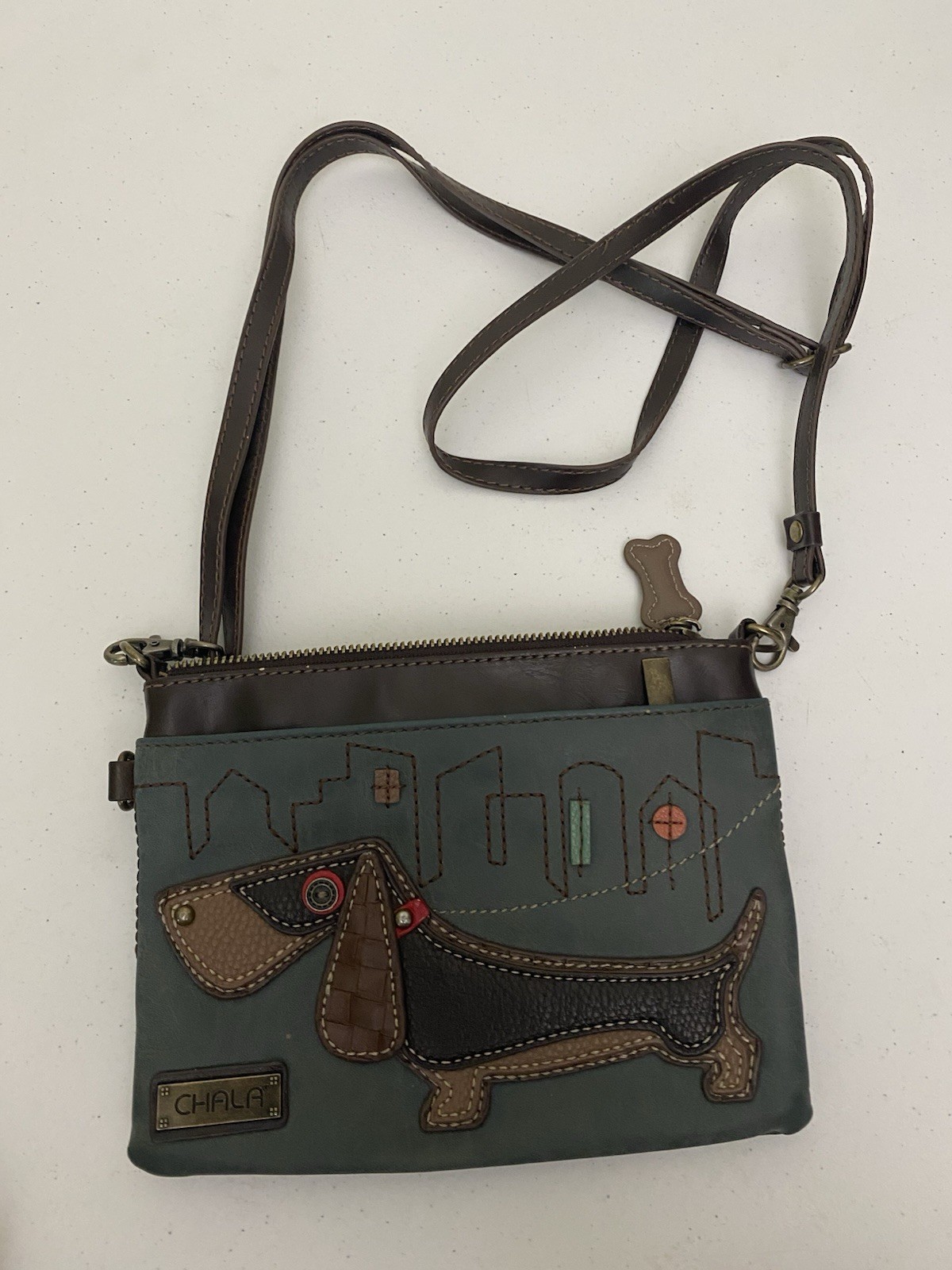 Chala Dachshund Wiener Dog Crossbody Bag Wallet Wristlet Set Doxie Blue Teal
