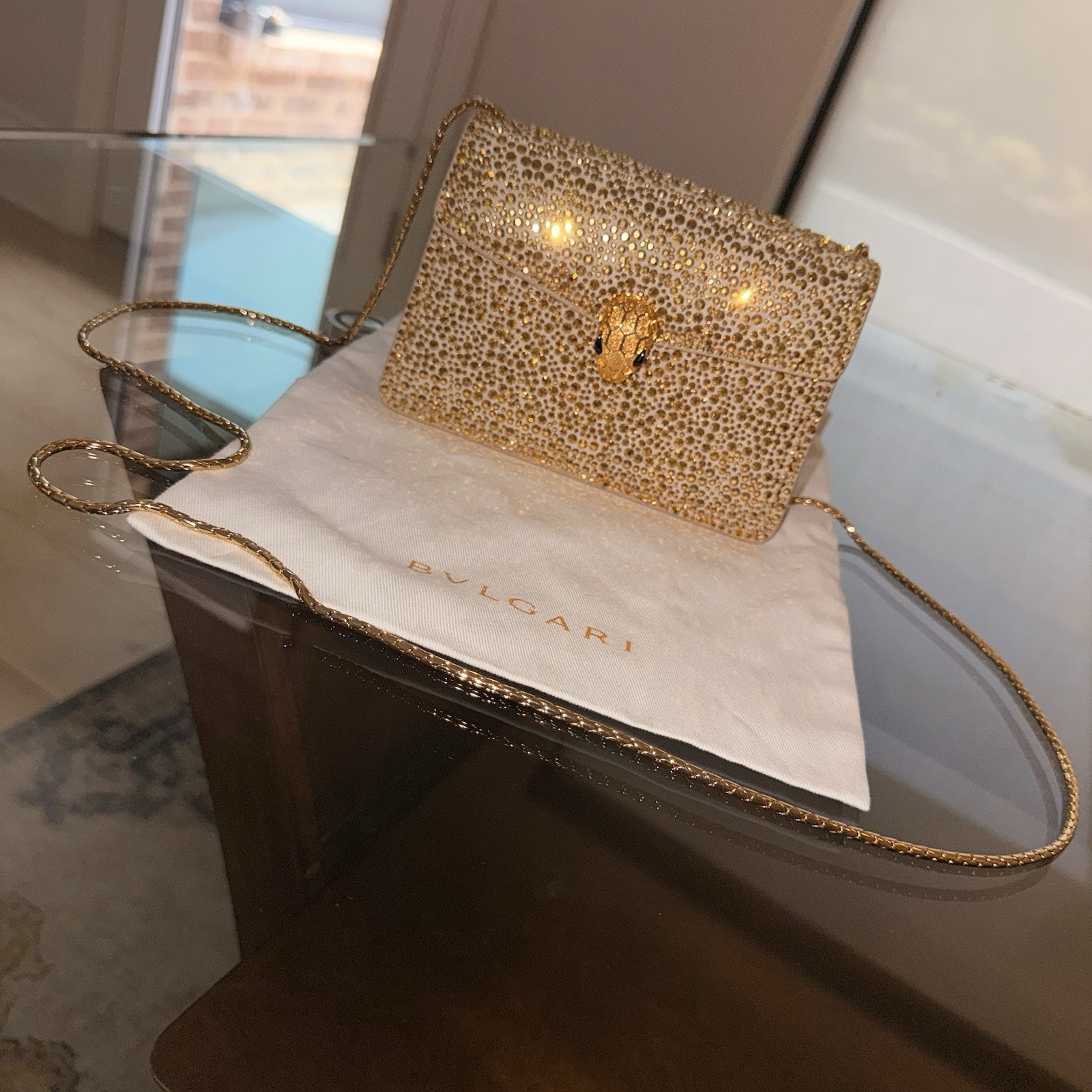 Bvlgari Serpenti Gold Metallic Crystal Snake Small Crossbody Bag Chain Strap
