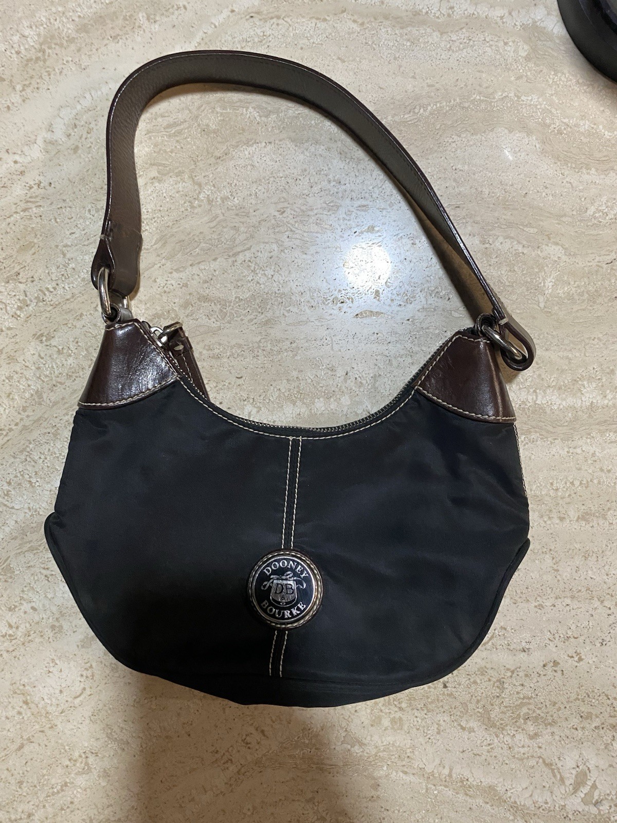 Dooney & Bourke Black Brown Crescent Shoulder Bag Logo Contrast Stitching