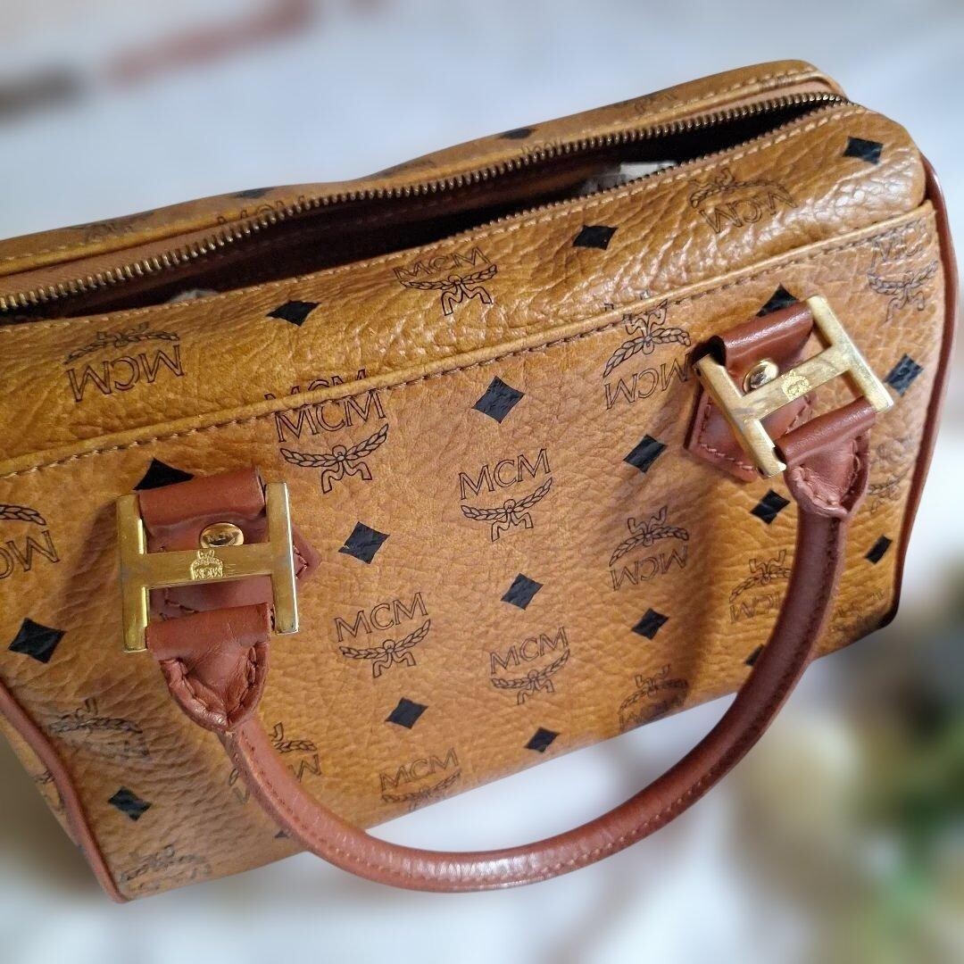 MCM Visetos Mini Boston Bag Brown Monogram Logo Plate Handbag Women Vintage