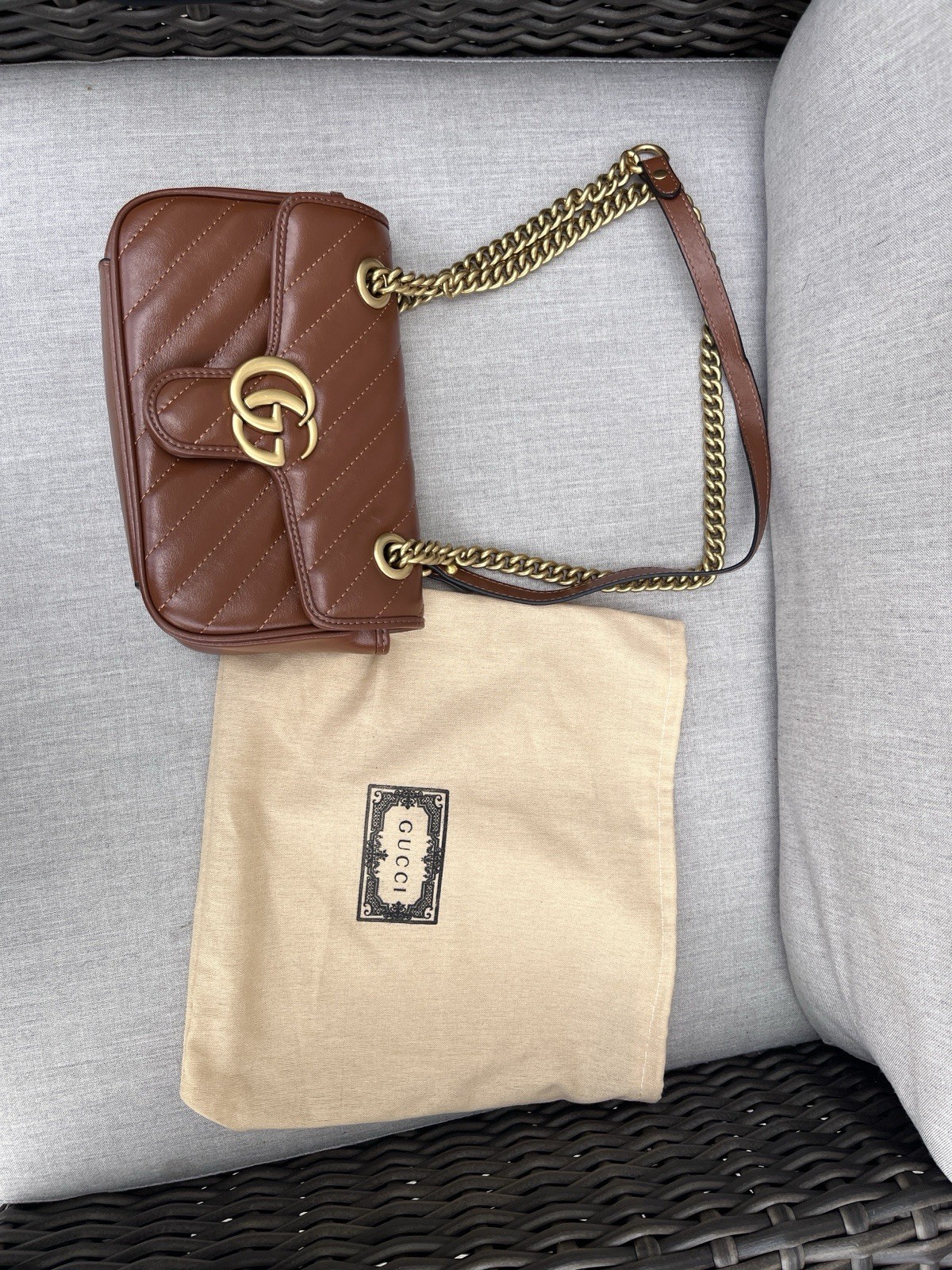 Gucci GG Marmont Brown Quilted Chain Strap Shoulder Bag w/ Dust Bag