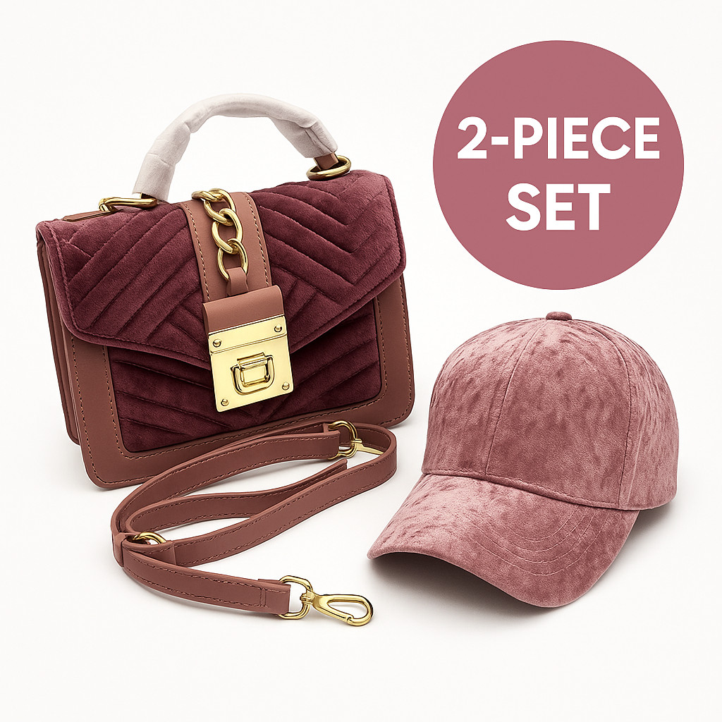 Pink Velvet Purse & Hat Set – Quilted Crossbody Bag + Crushed Velvet Cap