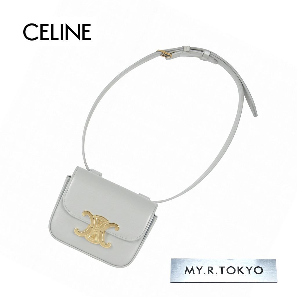 CELINE Triomphe Mini Bag Gray Calfskin Crossbody Gold Logo S-NE-4232 From Japan