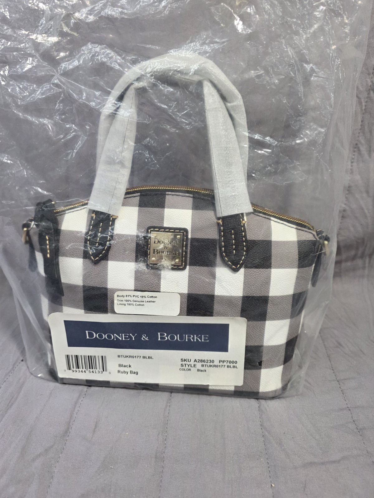 Dooney & Bourke Gingham Satchel Top Handle Bag, Zip Closure, Detachable Strap