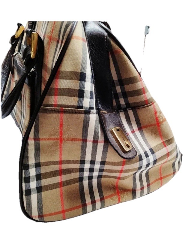 Vintage Burberry Beige Boston Large Travel Bag Haymarket Check Canvas