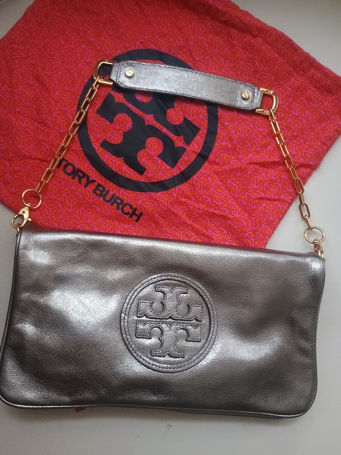 Tory Burch Handbag Shoulder Bag Steel Gray w/Chain Free Shipping w/ Dust Bag New