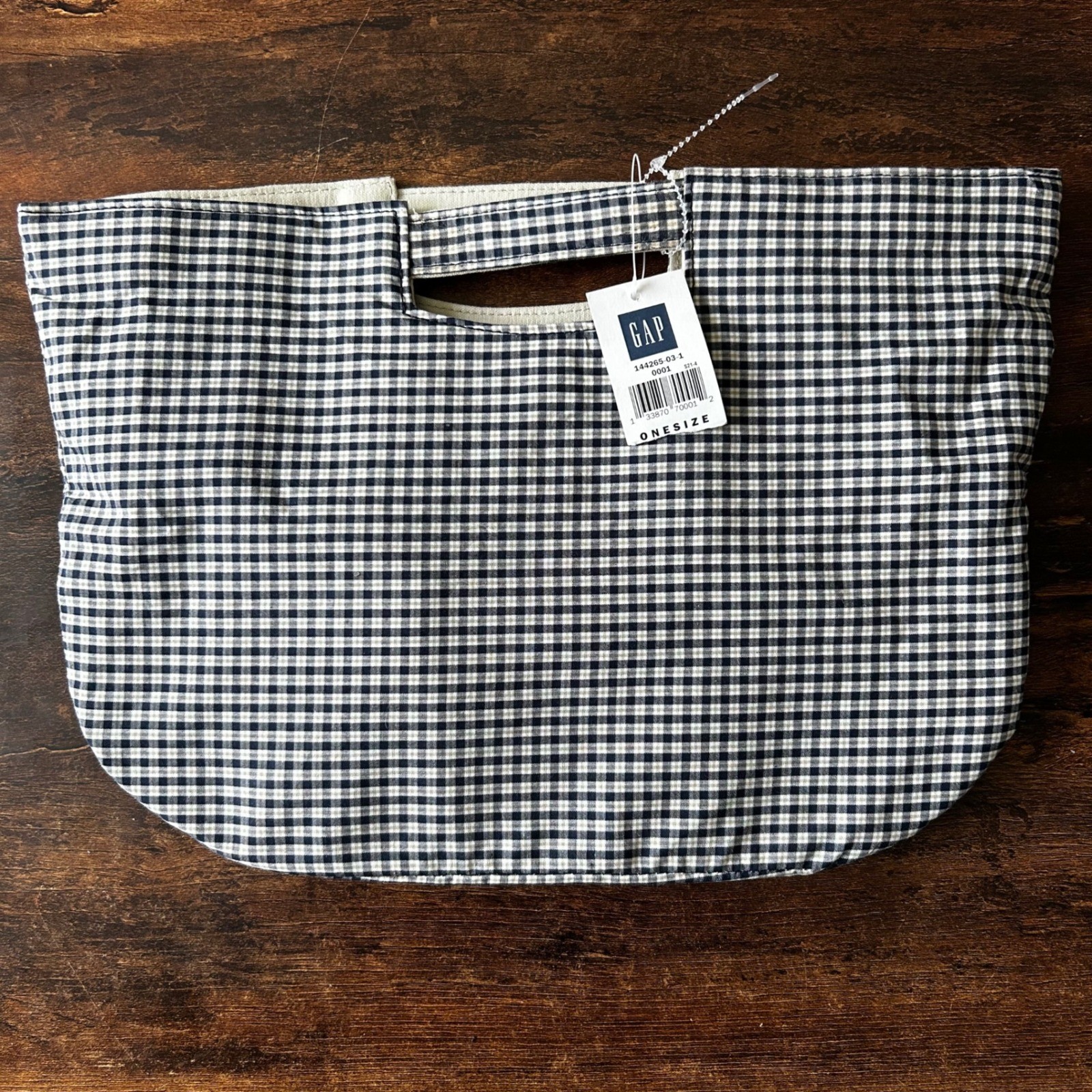 GAP Navy Blue White Gingham Check Canvas Tote Bag Cut Out Handle New NWT