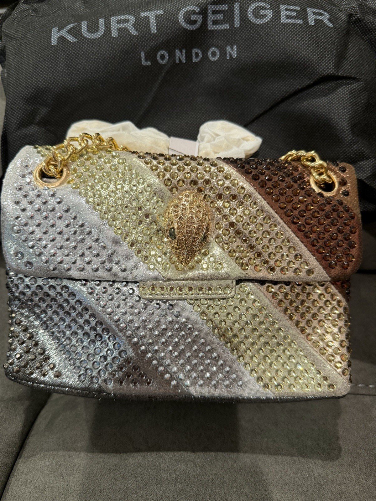 New Kurt Geiger Silver Gold Brown Crystal-Embellished Shoulder Bag