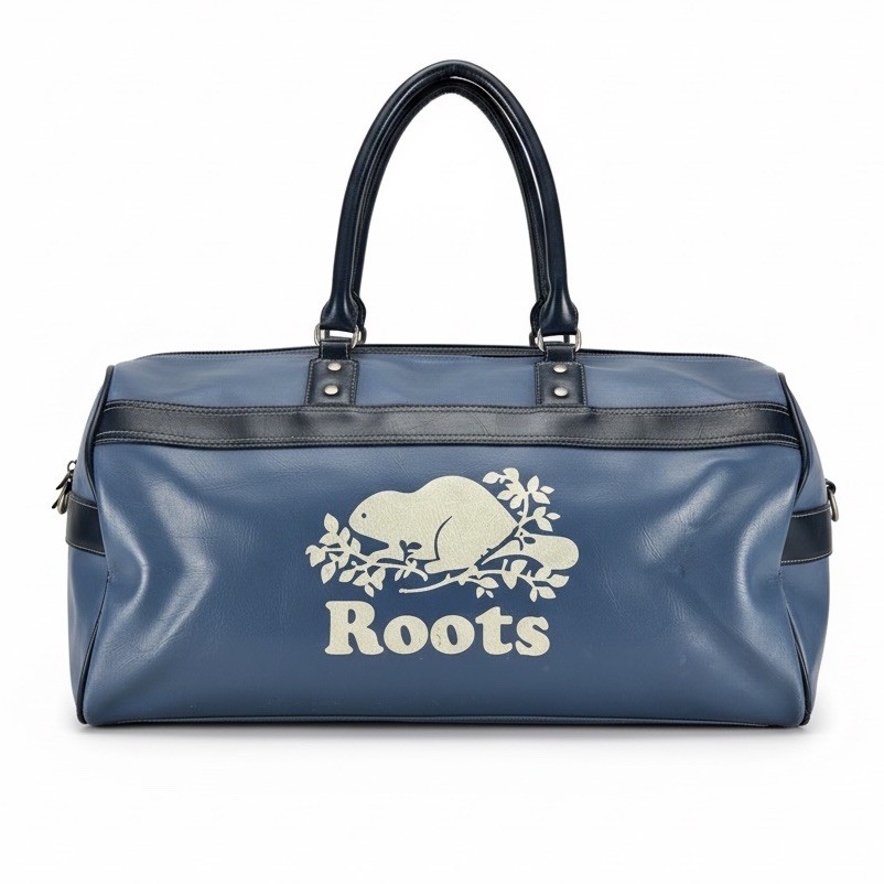 VINTAGE ROOTS CANADA XLARGE LEATHER WEEKENDER DUFFLE BAG BLUE BEAVER LOGO