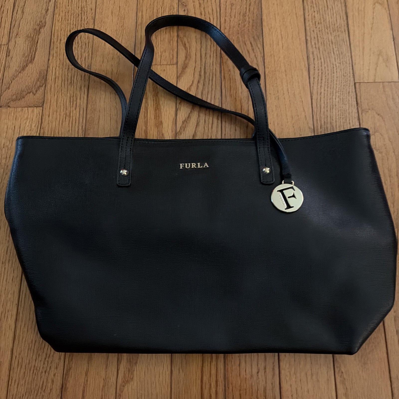 FURLA Black and Gold Leather Tote Bag