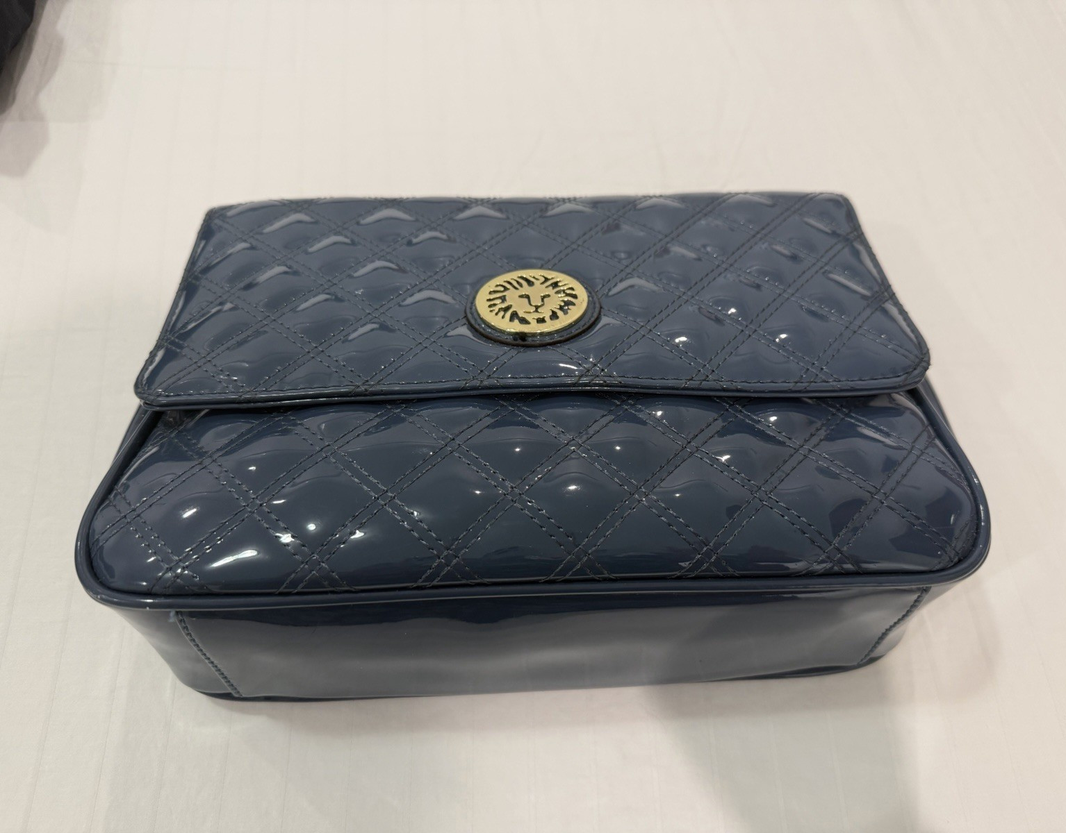 Anne Klein Blue Patent Quilted Shoulder Bag Gold Chain Strap Magnetic