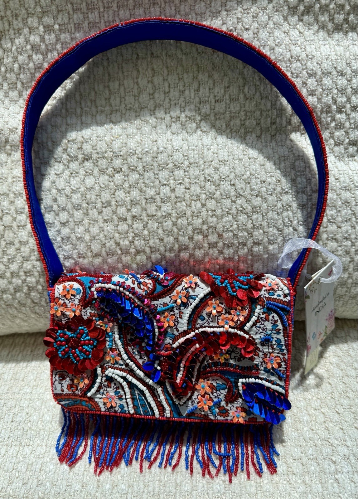 Handmade India Red White Blue Beaded Fringe Paisley Shoulder Bag Patriotic NWT