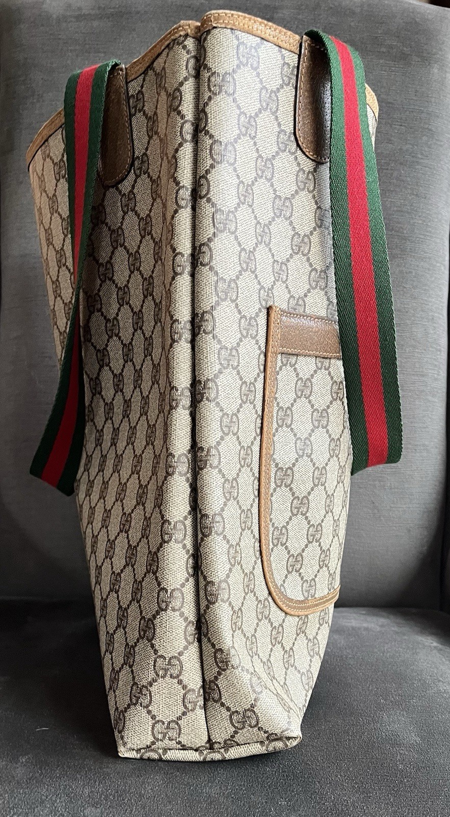 Vintage Gucci GG Monogram Canvas Tote Bag Web Stripe Leather Italy