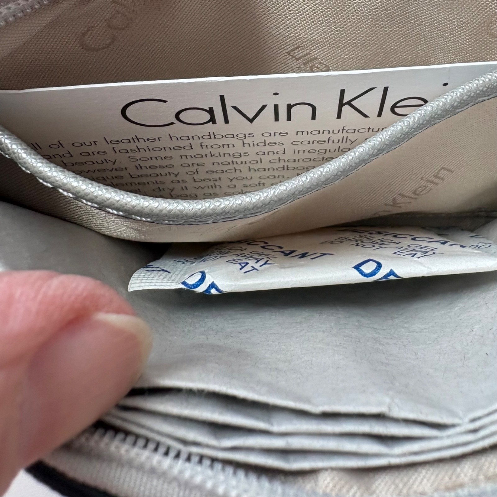 NEW Calvin Klein Dove Gray Saffiano Leather Silver Metallic Wristlet MSRP $48