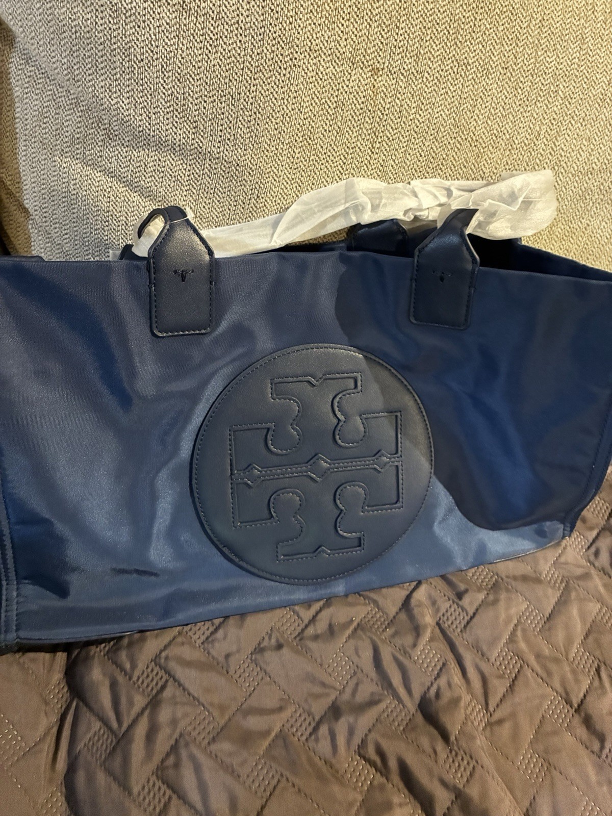 Tory Burch Navy Blue Ella Tote 17” by 10” Snaps on sides