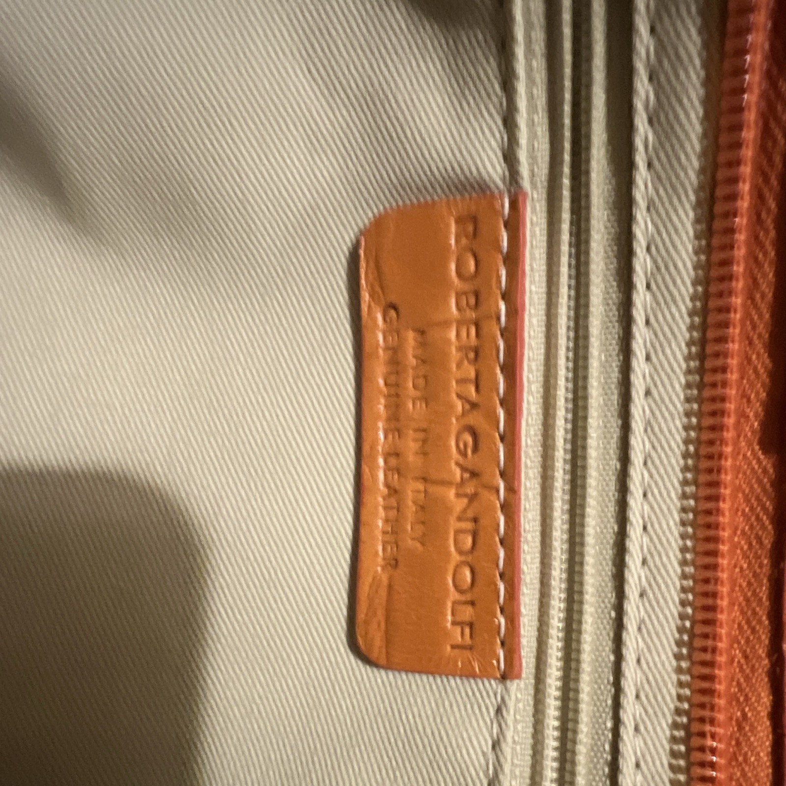 Roberta Gandolfi Orange Embossed Animal Print Tote, Zip Top, Lined Pockets