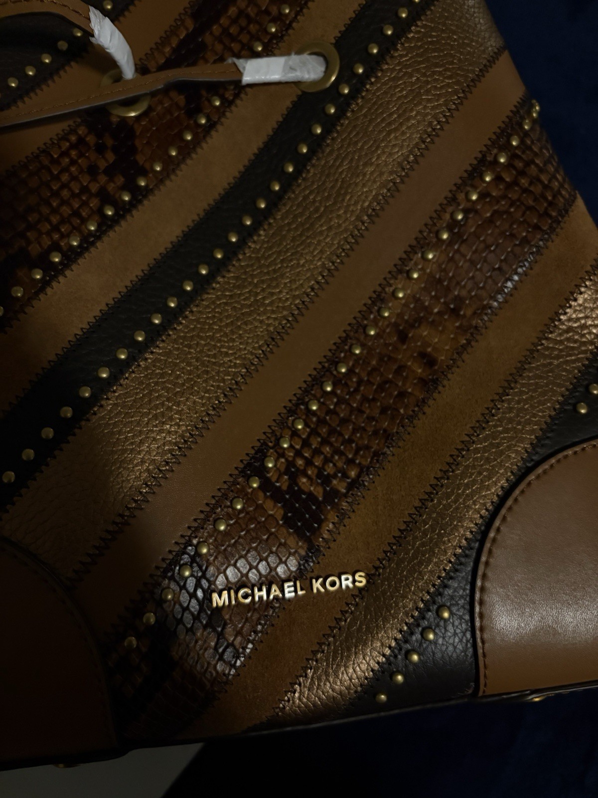 Michael Kors Brown Striped Studded Drawstring Bucket Bag Medium Gold Hardware
