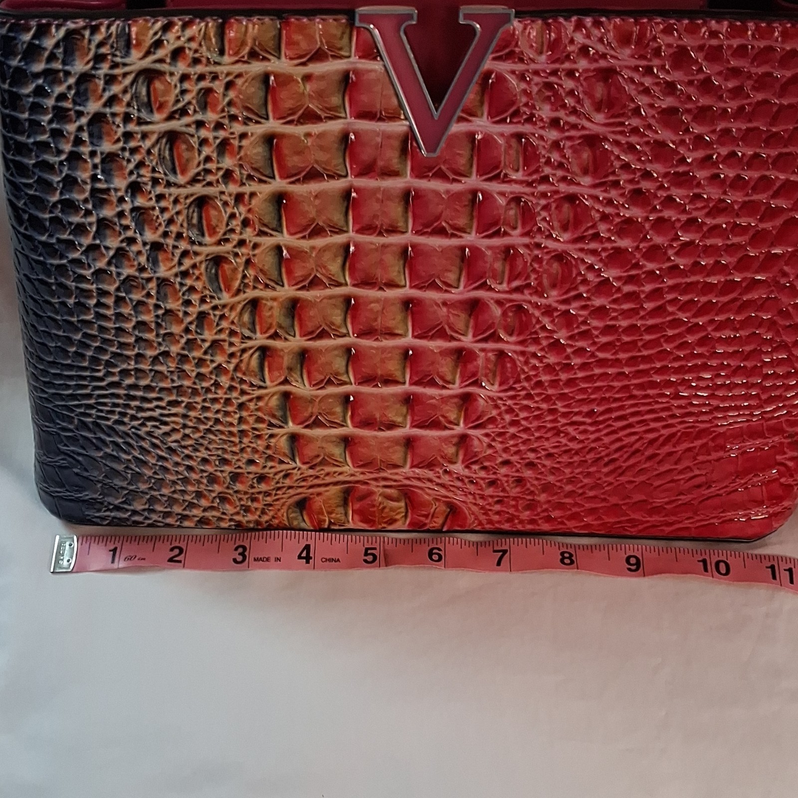 2 Pc Set Women’s Croc Embossed Colorblock Satchel Top Handle Detach Strap Wallet