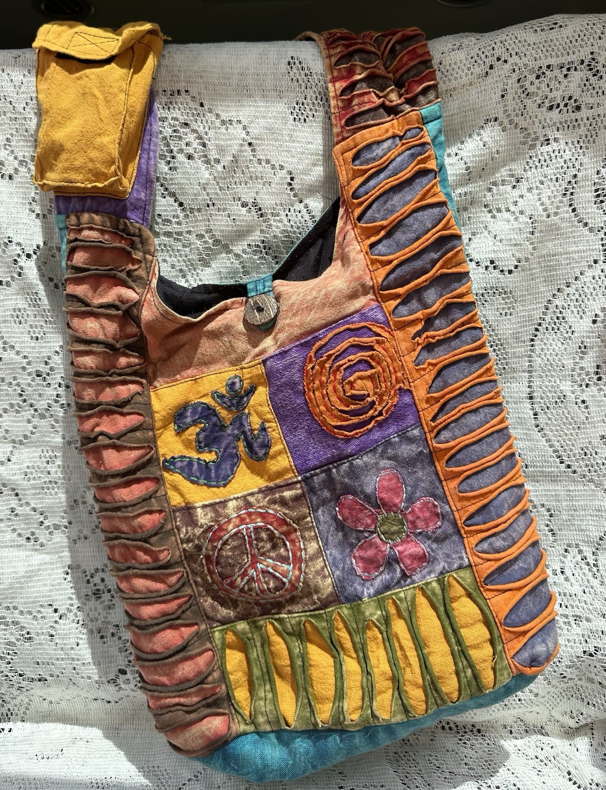 SillyYeti Patchwork Shoulder Bag Multicolor Peace Sign Zip Inner Pockets Pouch