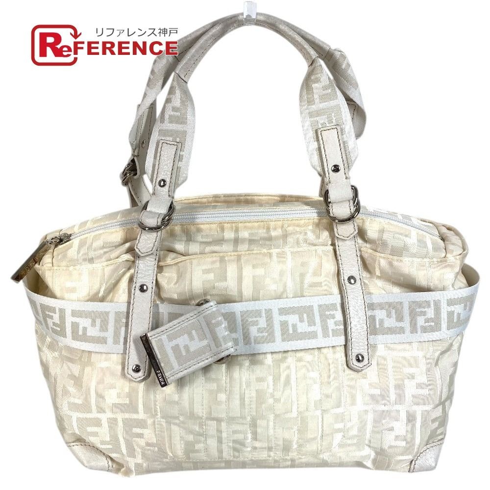 Authentic Fendi Zucca FF Logo Handbag 28.5cm White Canvas Leather Damaged