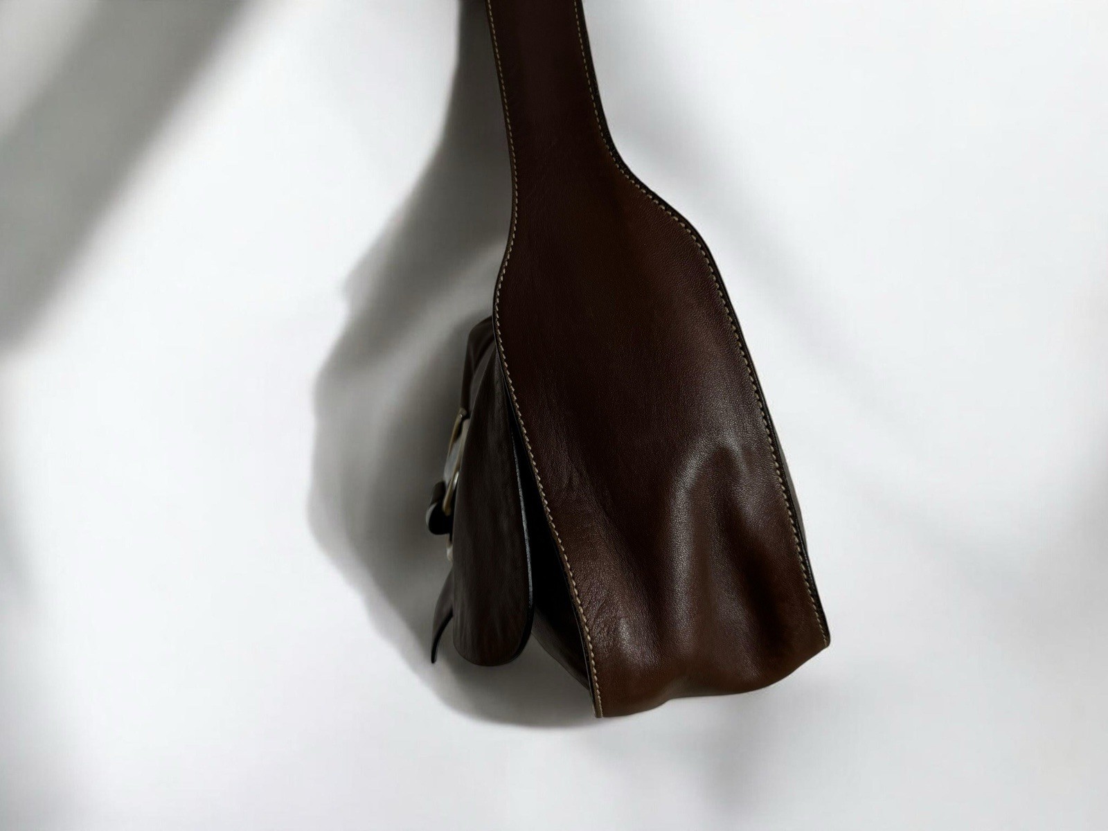 PRADA Brown Nappa Leather Hobo Shoulder Bag Silver Ring Auth Vintage Italy