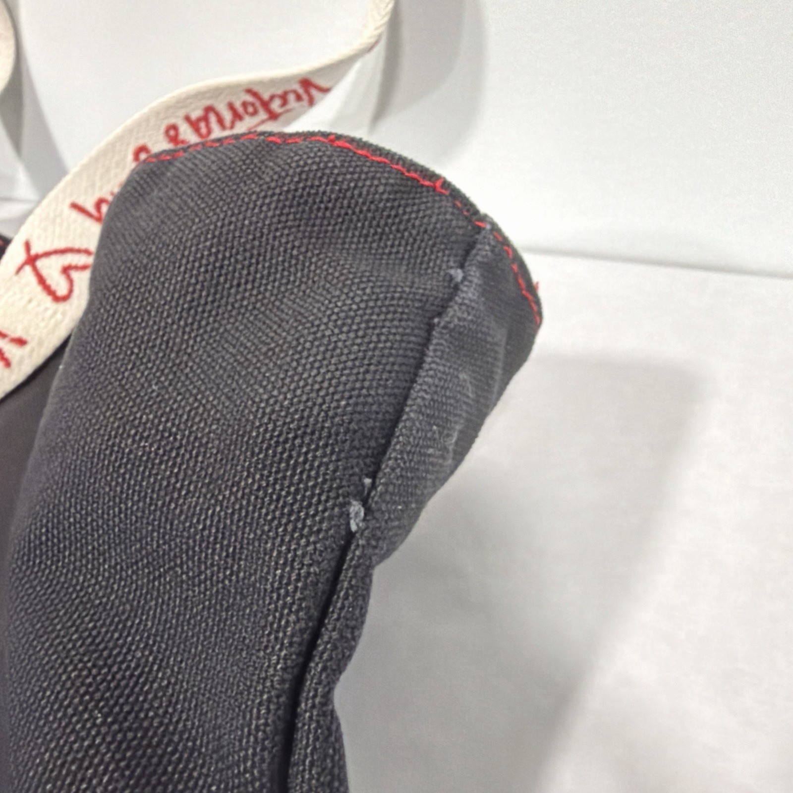 Victoria’s Secret Black Canvas Tote Bag Red Stitching Logo, Logo Strap, Zip Top