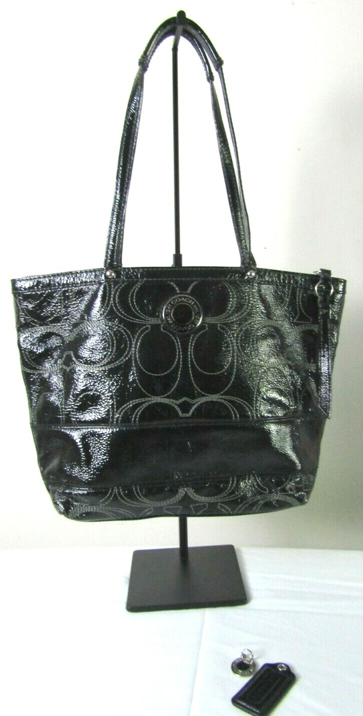 Coach F19198 Signature Sis Stitch Black Patent Leather Medium Tote Shoulder Bag!