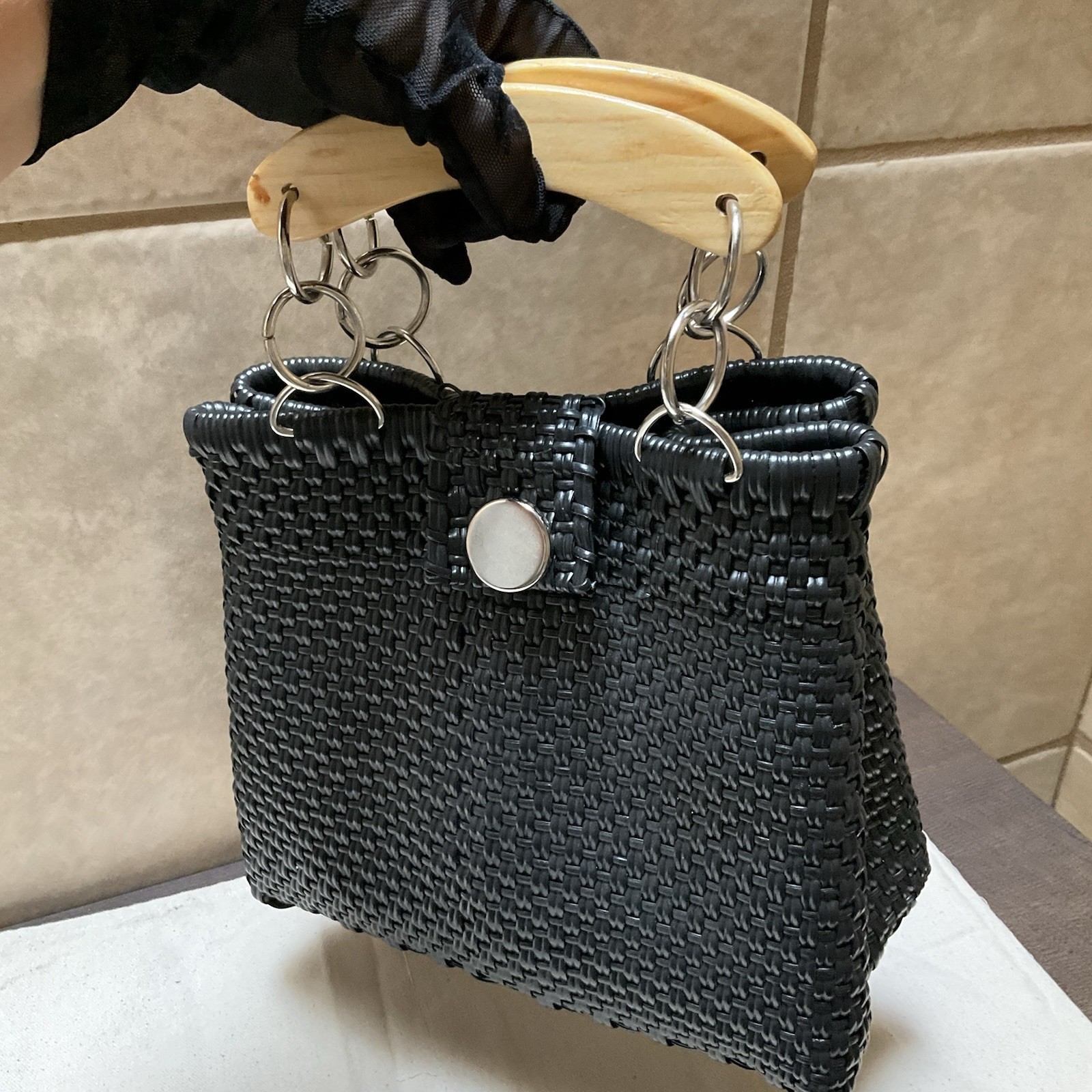 Handmade Oaxaca Plastic Woven Black Purse Wood Top Handle vinyl plastic Tote