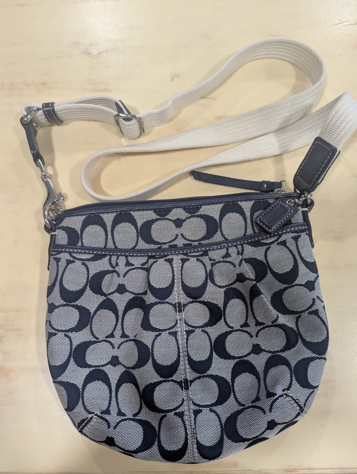 Coach Signature Gray/Navy Crescent Small Crossbody Bag w/ Zip, Detachable Strap