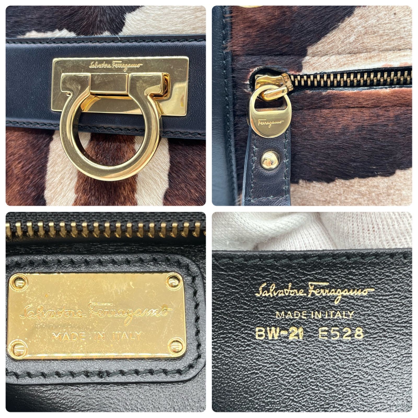 Auth Salvatore Ferragamo Sofia Gancini Pony Hair 2Way Handbag ShoulderBag 2Y9472