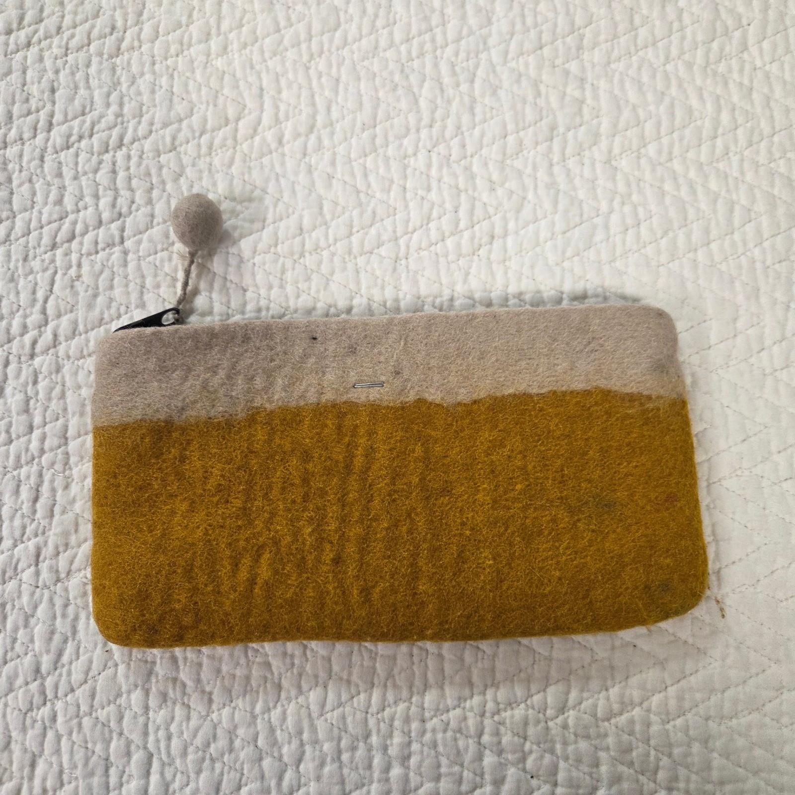 Mustard Yellow and Taupe Gray Felted Wool Colorblock Zipper Pouch Pom Pom Pull