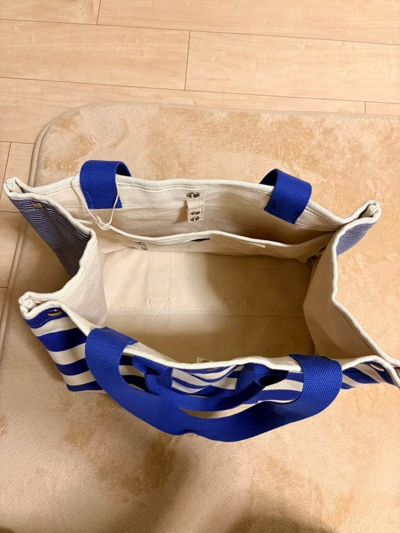 Monoprix Femme France Canvas Tote Bag Blue White Border Large Capacity Unused
